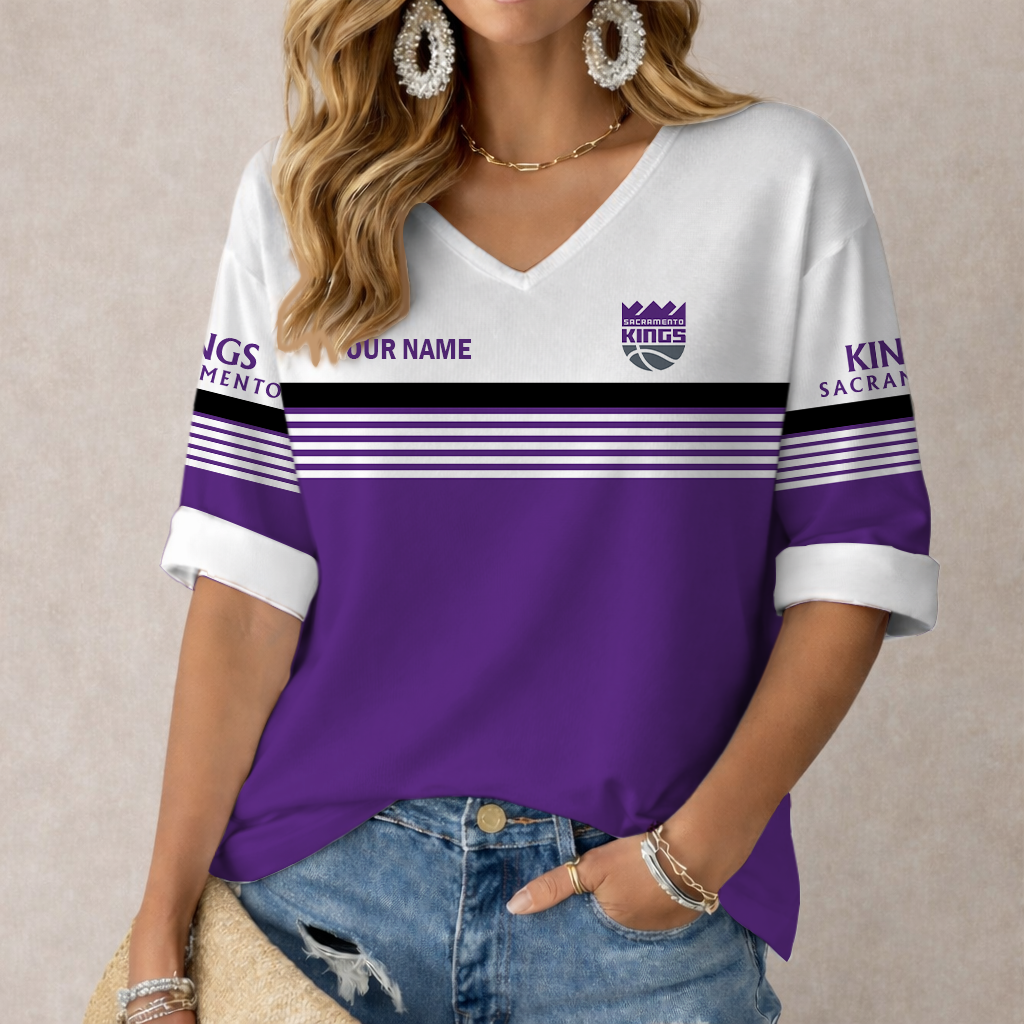 FINAL SALE - NEW CUSTOMIZED NBA16 SKI SACRAMENTO KINGS WOMEN'S HEART V-NECK LONG SLEEVE SHIRT