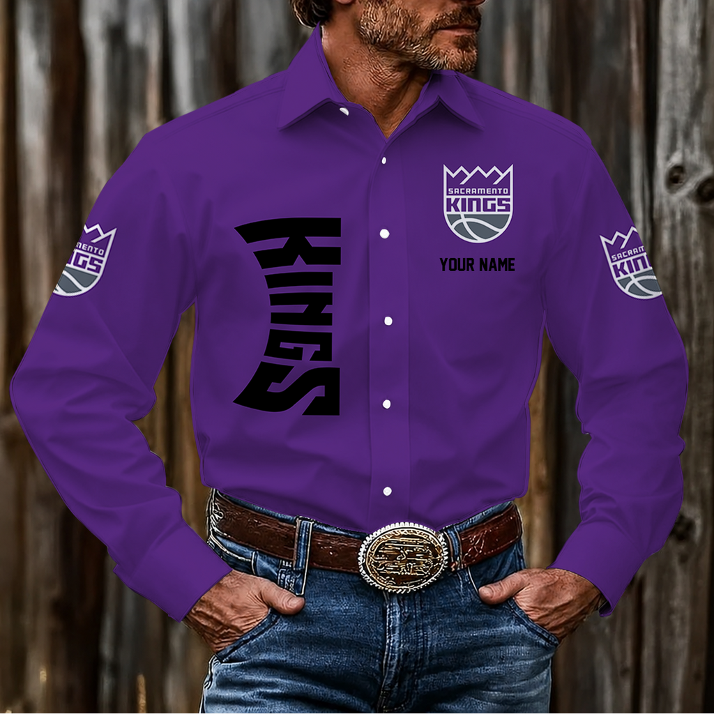 FINAL SALE - NEW CUSTOMIZED NBA16 SKI SACRAMENTO KINGS MEN'S LONG SLEEVE BUTTON-UP SHIRT