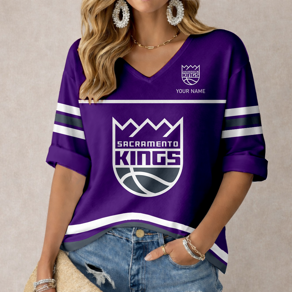 FINAL SALE - NEW CUSTOMIZED NBA16 SKI SACRAMENTO KINGS WOMEN'S HEART V-NECK LONG SLEEVE SHIRT