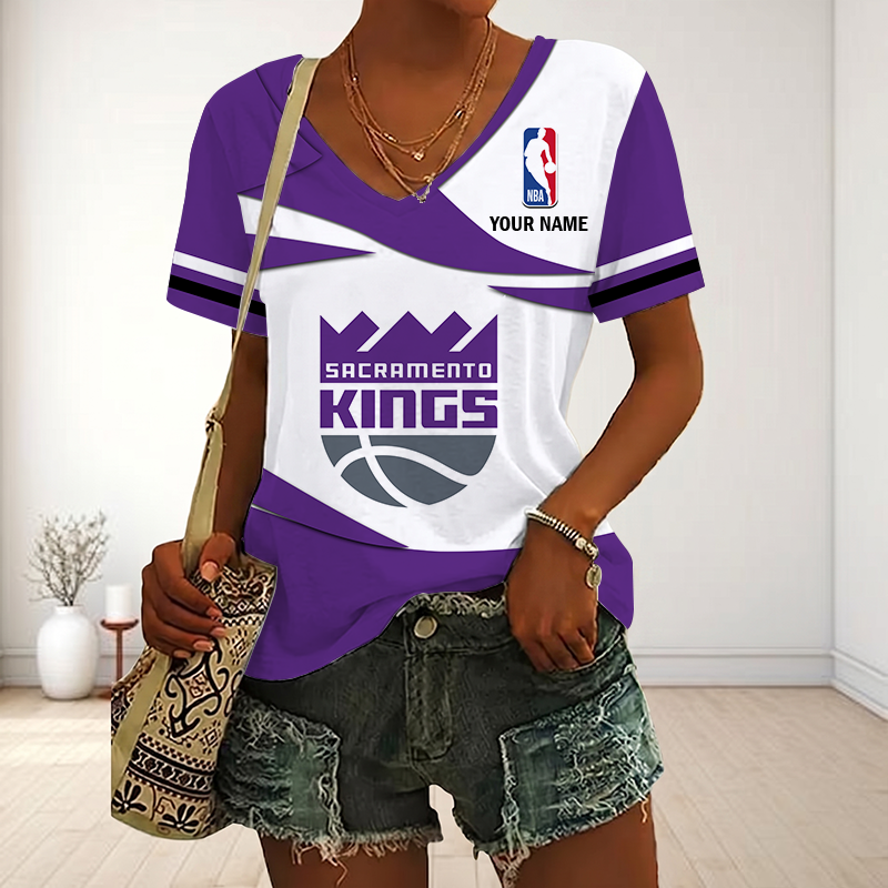 FINAL SALE - NEW CUSTOMIZED NBA16 SKI SACRAMENTO KINGS V-NECK FEMALE SHIRT