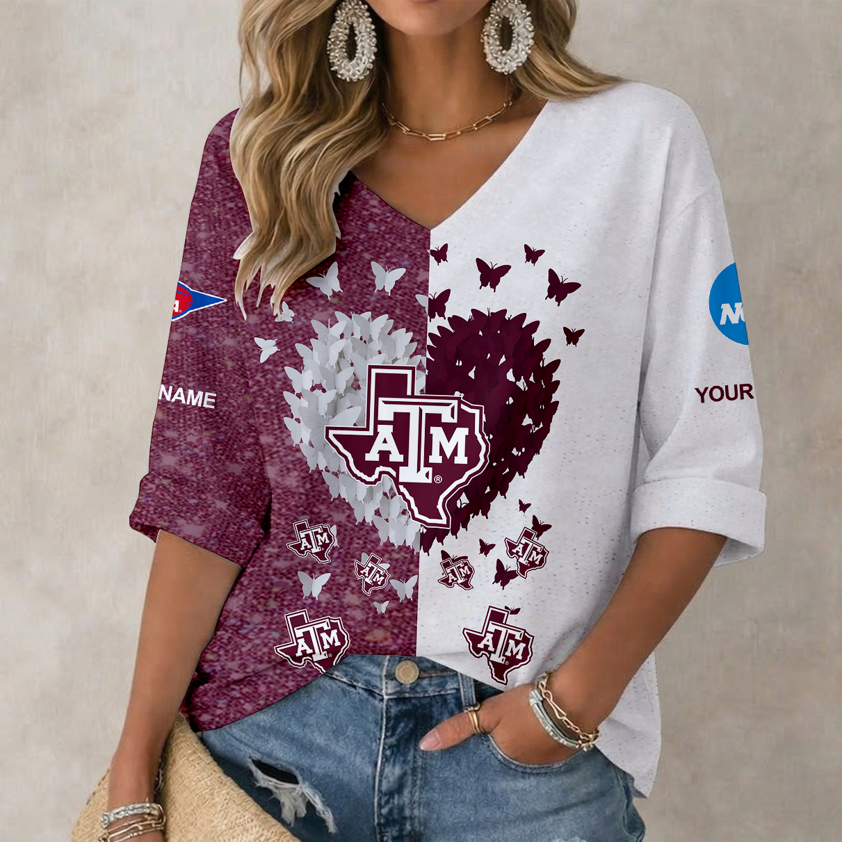 LIMITED DROP NCAA FBS16 TAA TX A&M AGGIES WOMEN'S HEART V-NECK LONG SLEEVE SHIRT