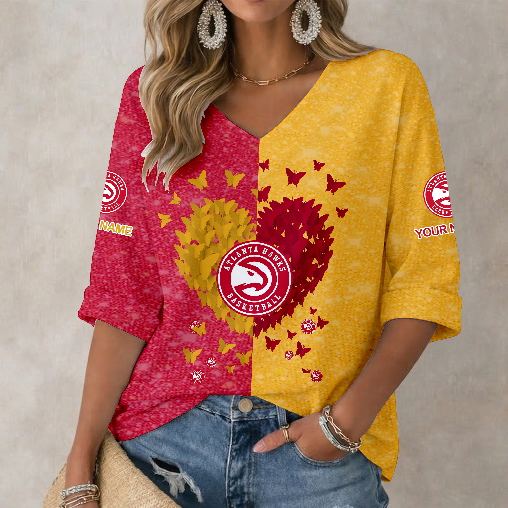 FINAL SALE - NEW CUSTOMIZED NBA17 AHA ATLANTA HAWKS WOMEN'S HEART V-NECK LONG SLEEVE SHIRT