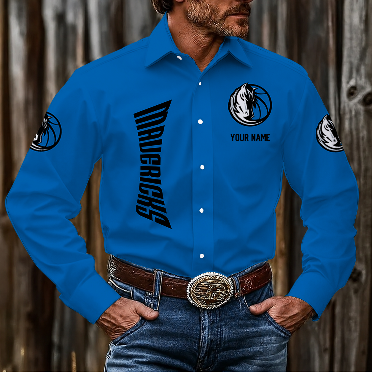 FINAL SALE - NEW CUSTOMIZED NBA18 DMA DALLAS MAVERICKS MEN'S LONG SLEEVE BUTTON-UP SHIRT