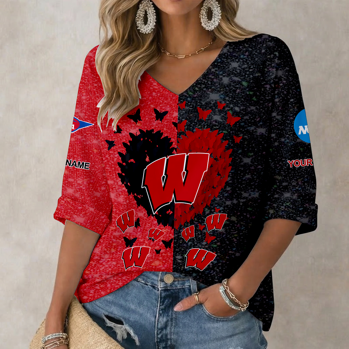 LIMITED DROP NCAA FBS18 WSB WS BADGERS WOMEN'S HEART V-NECK LONG SLEEVE SHIRT