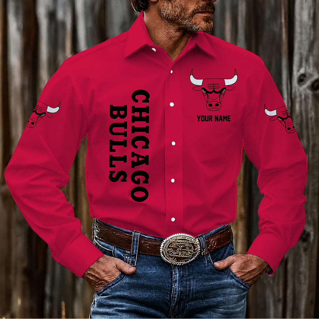 FINAL SALE - NEW CUSTOMIZED NBA19 CBU CHICAGO BULLS MEN'S LONG SLEEVE BUTTON-UP SHIRT