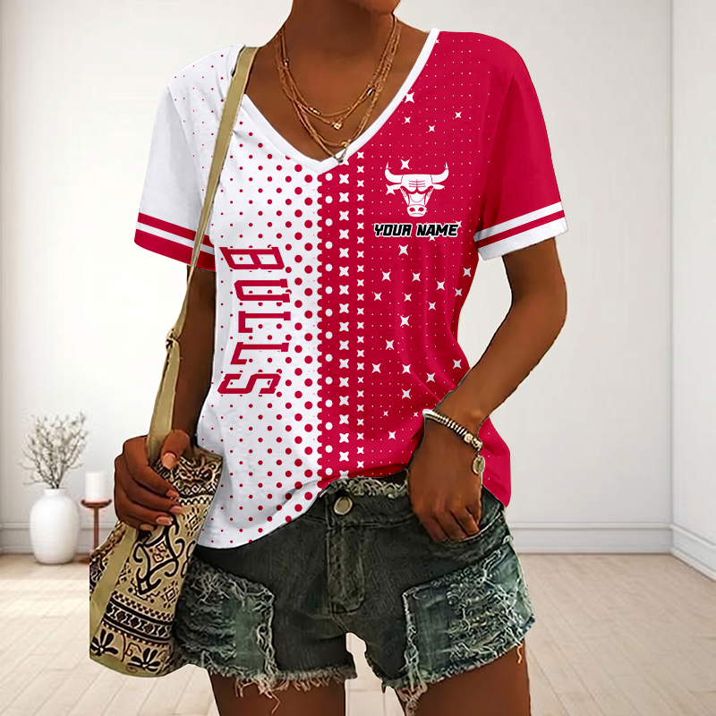 FINAL SALE - NEW CUSTOMIZED NBA19 CBU CHICAGO BULLS V-NECK FEMALE SHIRT
