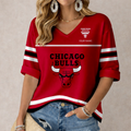 FINAL SALE - NEW CUSTOMIZED NBA19 CBU CHICAGO BULLS WOMEN'S HEART V-NECK LONG SLEEVE SHIRT