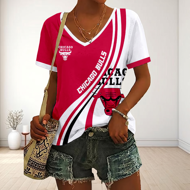 FINAL SALE - NEW CUSTOMIZED NBA19 CBU CHICAGO BULLS V-NECK FEMALE SHIRT