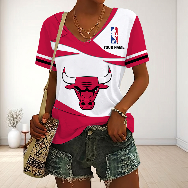 FINAL SALE - NEW CUSTOMIZED NBA19 CBU CHICAGO BULLS V-NECK FEMALE SHIRT