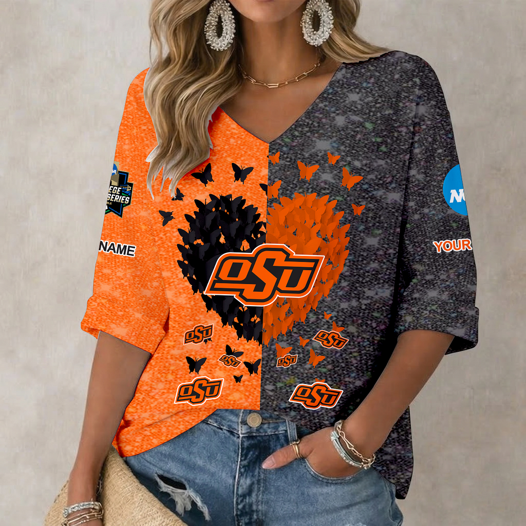 LIMITED DROP NCAA CWS19 OSC OKLAHOMA STATE COWBOYS WOMEN'S HEART V-NECK LONG SLEEVE SHIRT