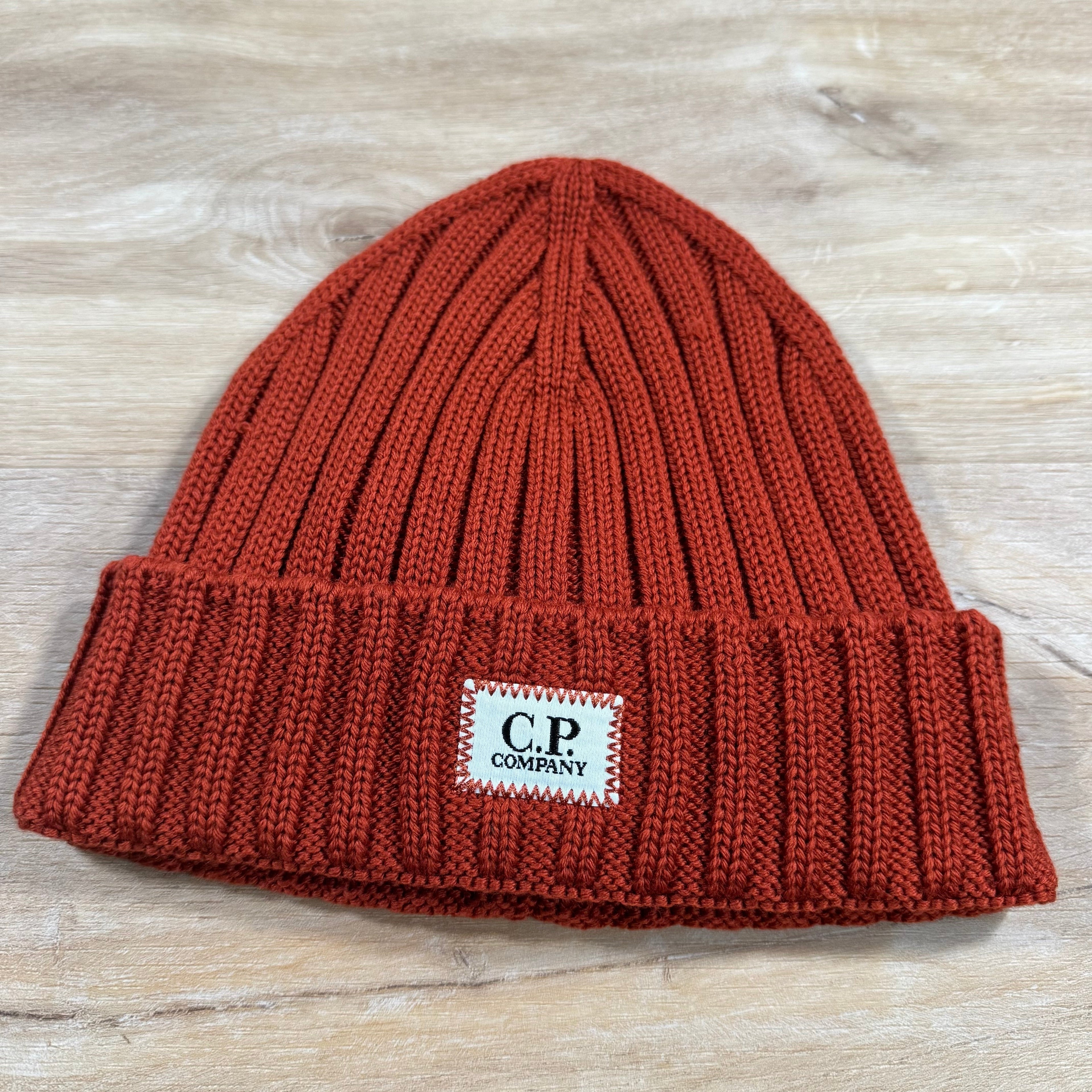 CP Company Extra Fine Merino Wool Logo Beanie in Bombay Brown Ironleague