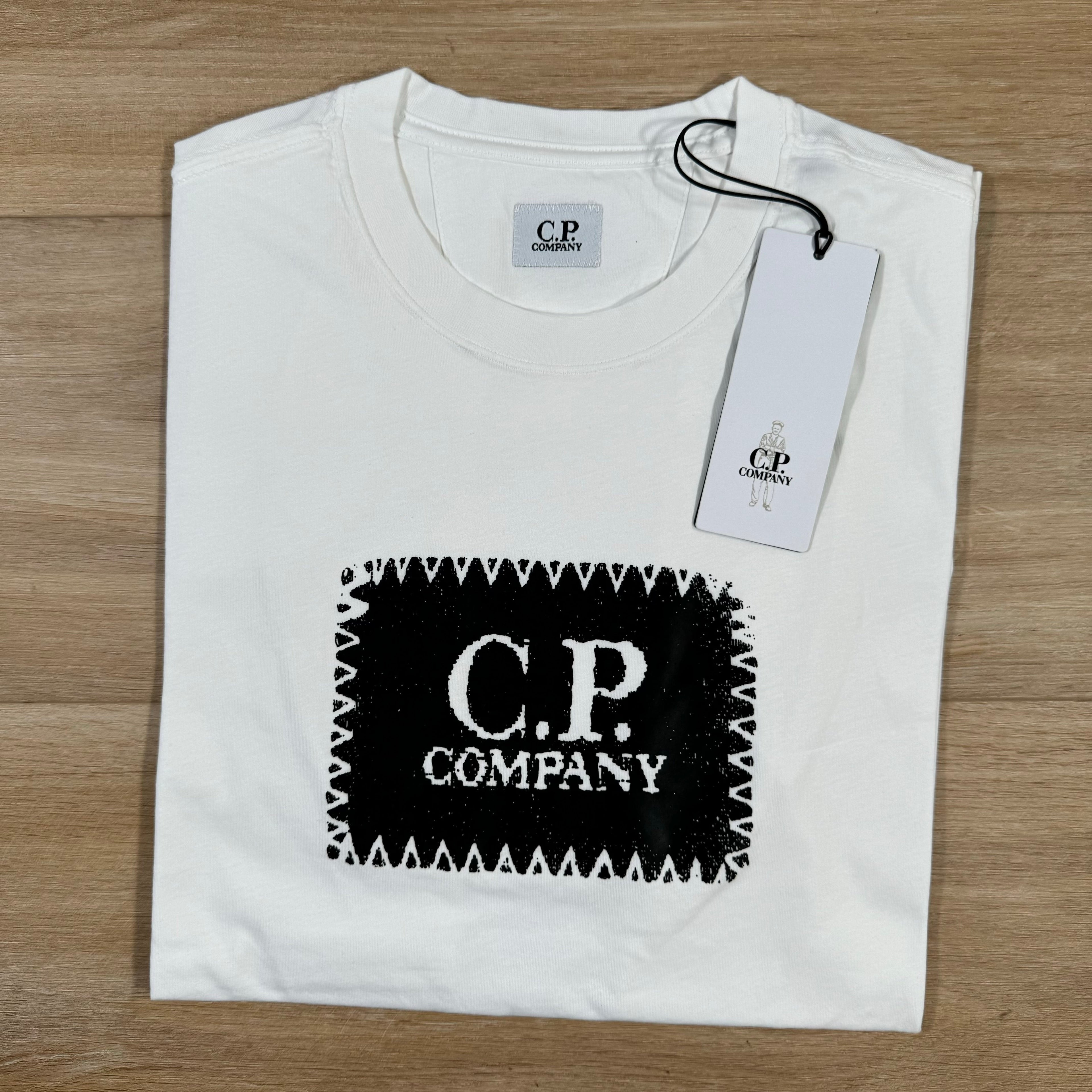 CP Company Stitch Block Logo T-Shirt in Gauze White Ironleague