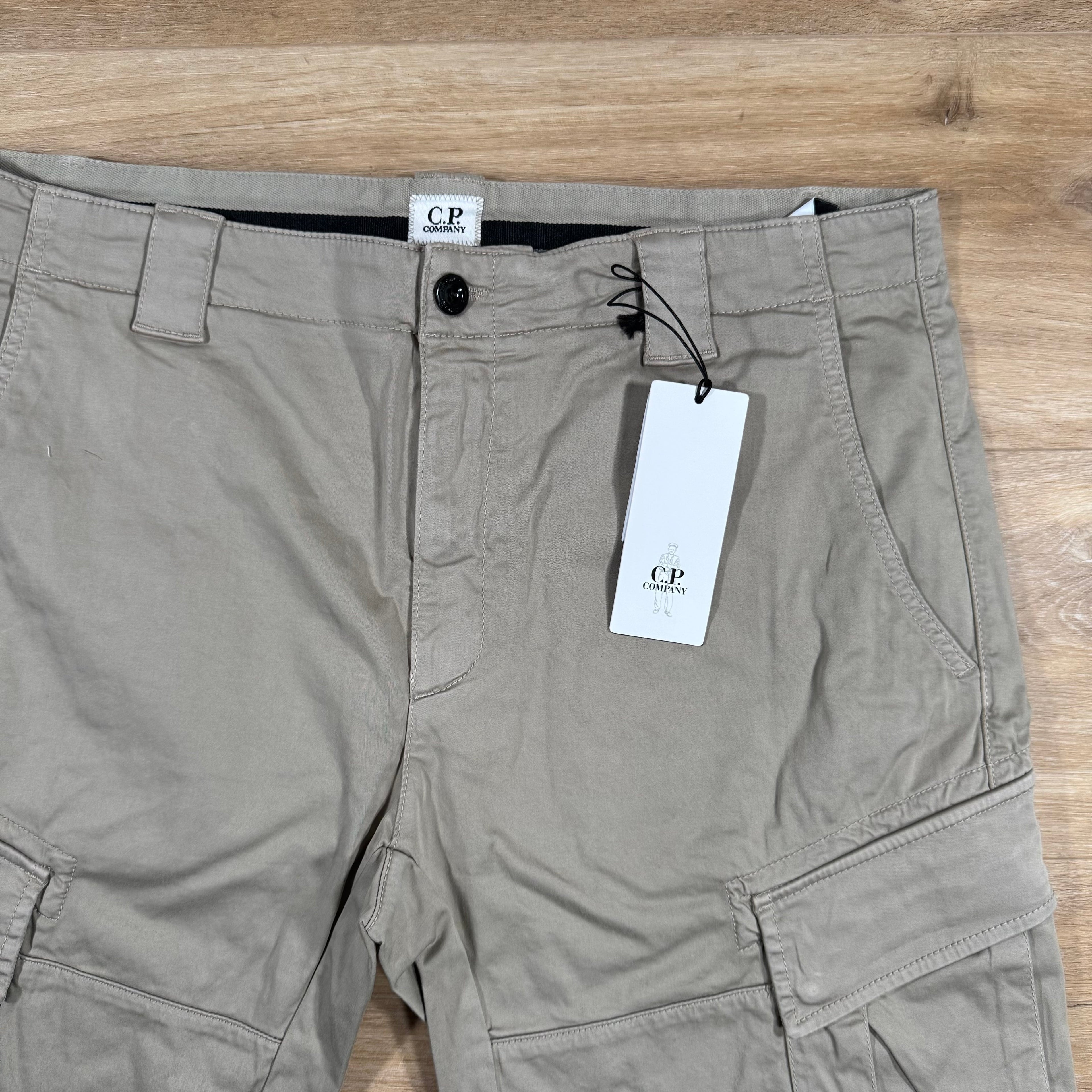 CP Company Stretch Sateen Lens Cargo Shorts in Vintage Khaki Ironleague