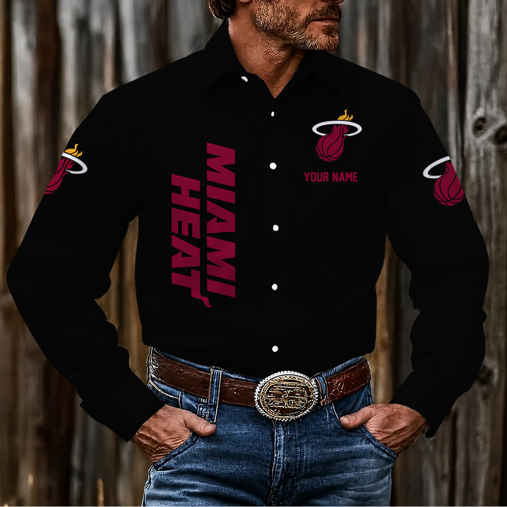 FINAL SALE - NEW CUSTOMIZED NBA20 MHE MIAMI HEAT MEN'S LONG SLEEVE BUTTON-UP SHIRT