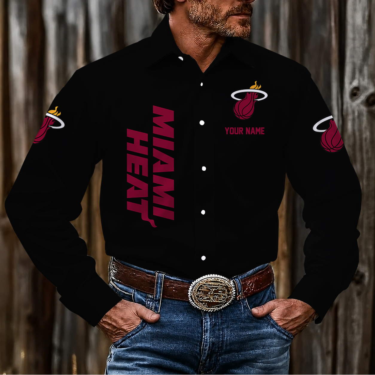 FINAL SALE - NEW CUSTOMIZED NBA20 MHE MIAMI HEAT MEN'S LONG SLEEVE BUTTON-UP SHIRT