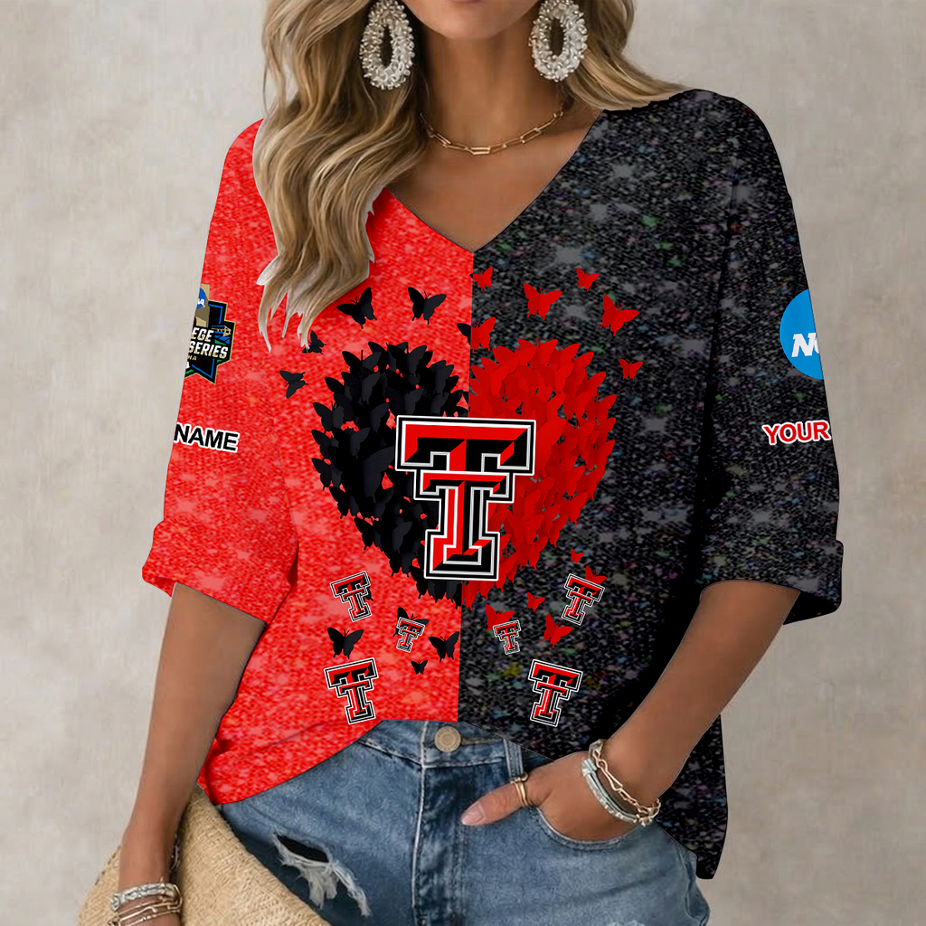 LIMITED DROP NCAA CWS20 TRR TEXAS TECH RED RAIDERS WOMEN'S HEART V-NECK LONG SLEEVE SHIRT