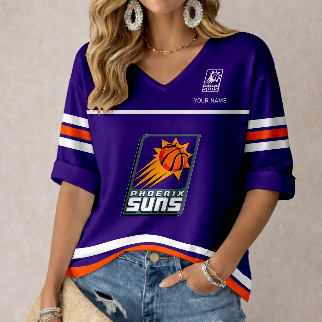 FINAL SALE - NEW CUSTOMIZED NBA21 PSU PHOENIX SUNS WOMEN'S HEART V-NECK LONG SLEEVE SHIRT