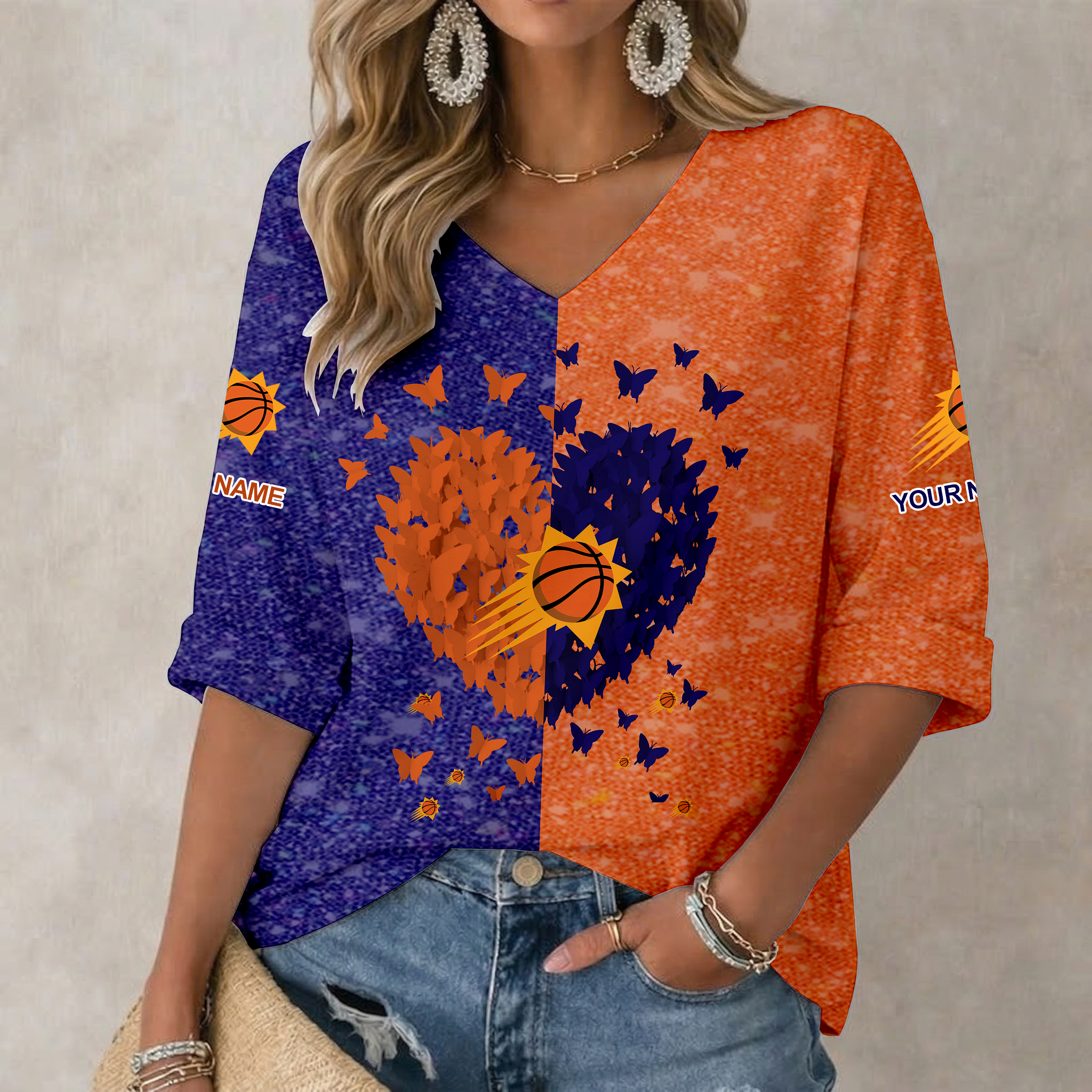 FINAL SALE - NEW CUSTOMIZED NBA21 PSU PHOENIX SUNS WOMEN'S HEART V-NECK LONG SLEEVE SHIRT