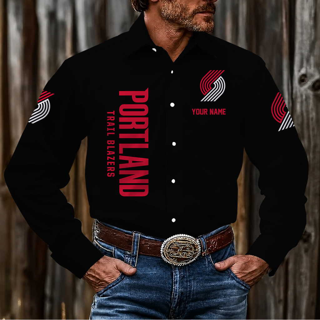 FINAL SALE - NEW CUSTOMIZED NBA22 PTB PORTLAND TRAIL BLAZERS MEN'S LONG SLEEVE BUTTON-UP SHIRT