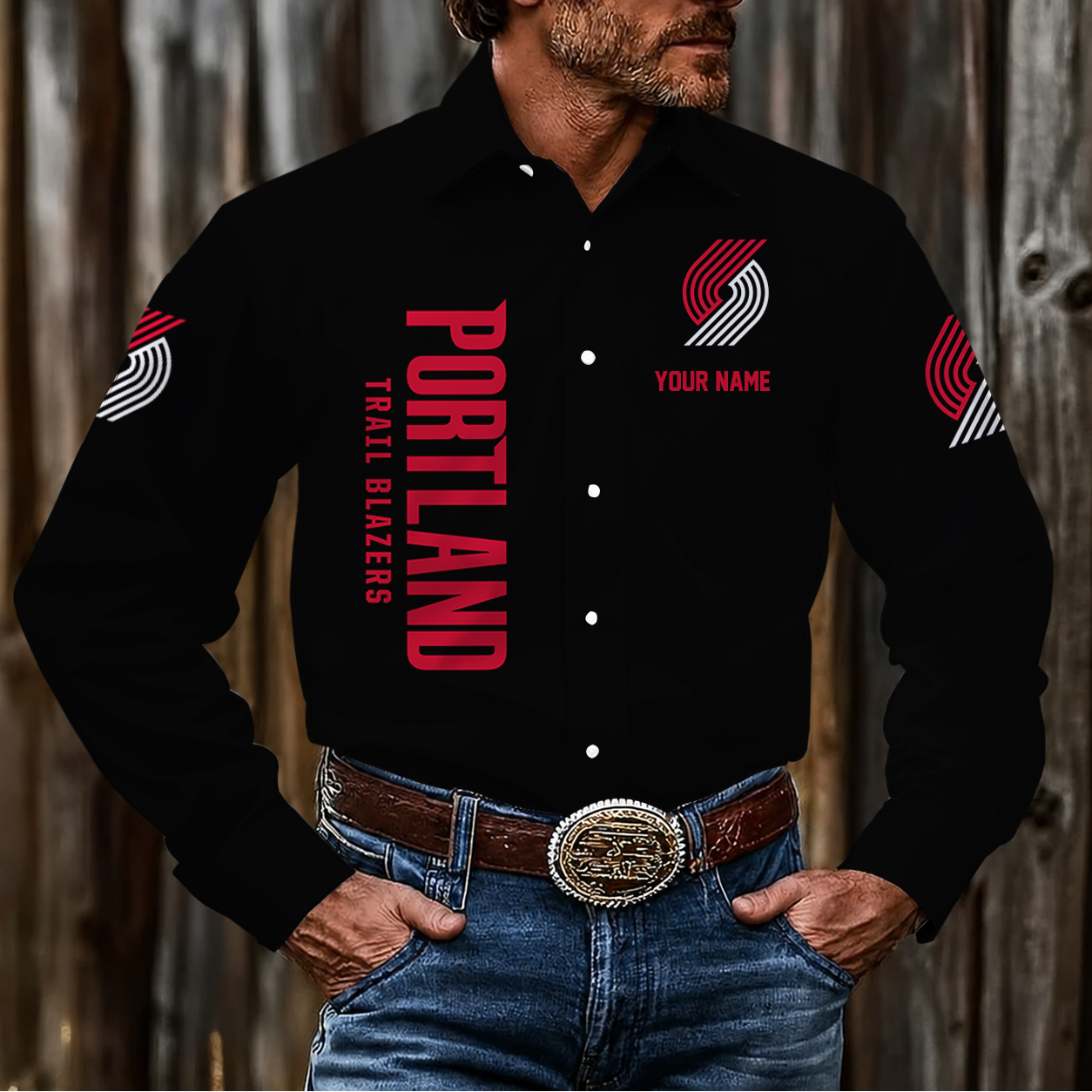 FINAL SALE - NEW CUSTOMIZED NBA22 PTB PORTLAND TRAIL BLAZERS MEN'S LONG SLEEVE BUTTON-UP SHIRT