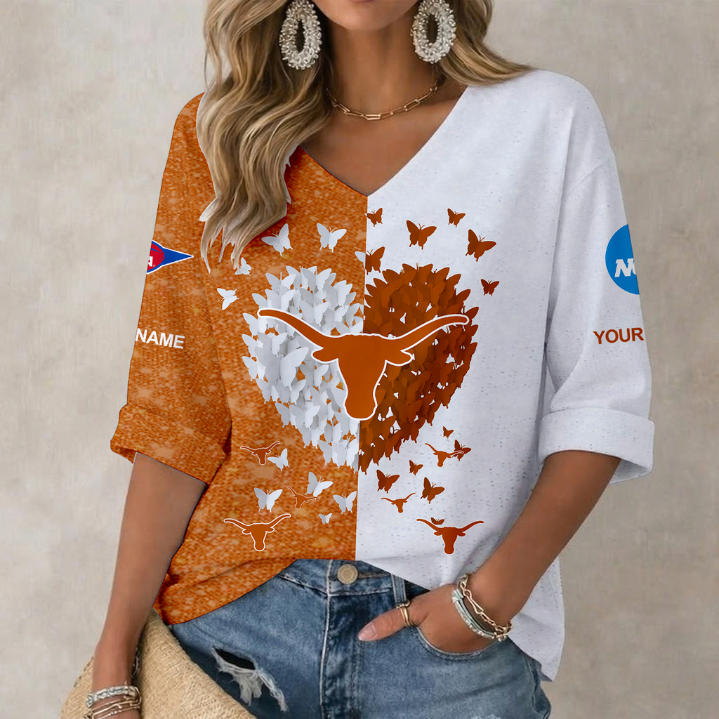 LIMITED DROP NCAA FBS22 TXL TX LONGHORNS WOMEN'S HEART V-NECK LONG SLEEVE SHIRT
