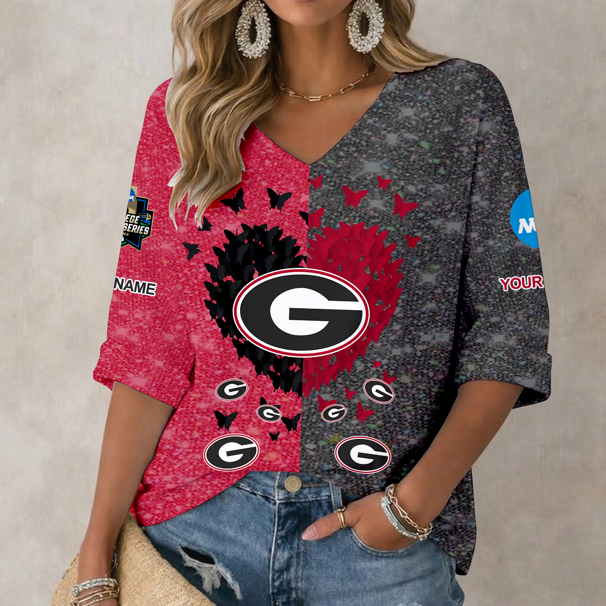 LIMITED DROP NCAA CWS23 GEB GEORGIA BULLDOGS WOMEN'S HEART V-NECK LONG SLEEVE SHIRT