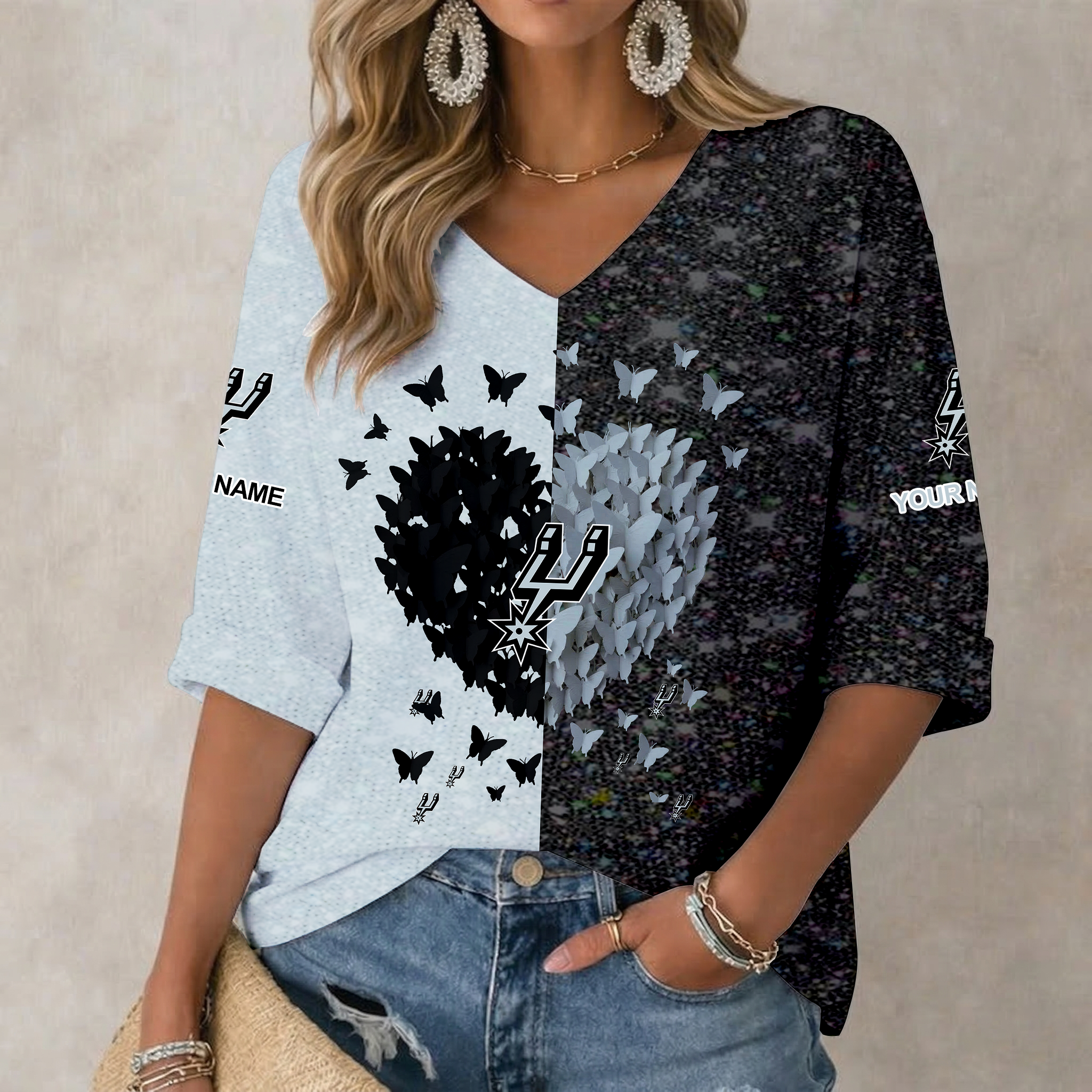 FINAL SALE - NEW CUSTOMIZED NBA23 SAS SAN ANTONIO SPURS WOMEN'S HEART V-NECK LONG SLEEVE SHIRT