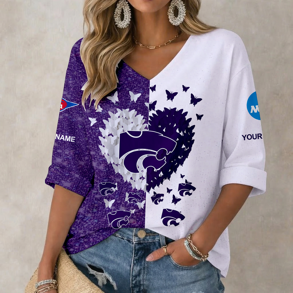 LIMITED DROP NCAA FBS24 KSW KS WILDCATS WOMEN'S HEART V-NECK LONG SLEEVE SHIRT