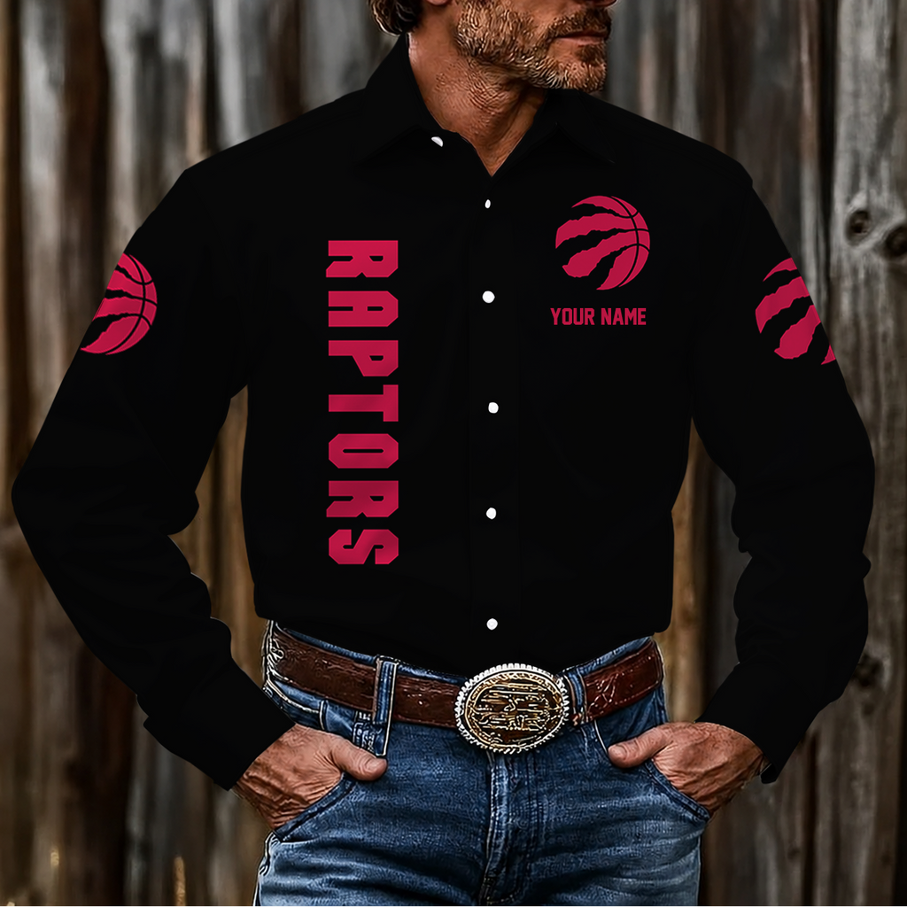 FINAL SALE - NEW CUSTOMIZED NBA24 TRA TORONTO RAPTORS MEN'S LONG SLEEVE BUTTON-UP SHIRT
