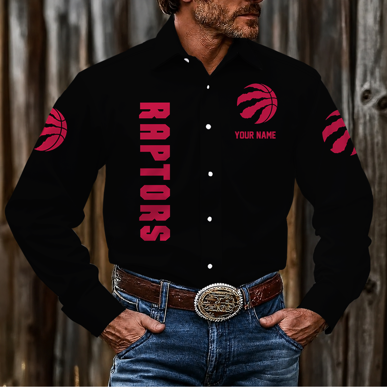 FINAL SALE - NEW CUSTOMIZED NBA24 TRA TORONTO RAPTORS MEN'S LONG SLEEVE BUTTON-UP SHIRT