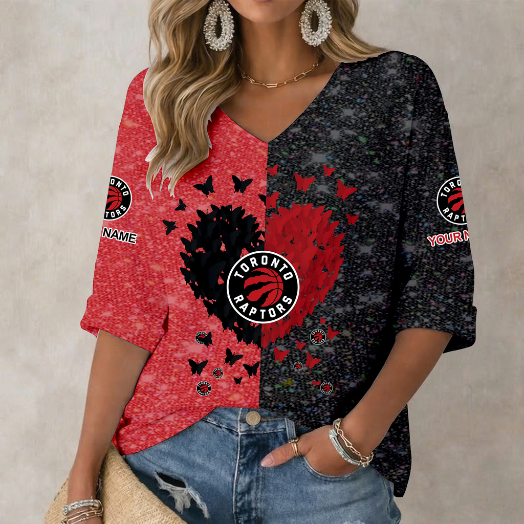 FINAL SALE - NEW CUSTOMIZED NBA24 TRA TORONTO RAPTORS WOMEN'S HEART V-NECK LONG SLEEVE SHIRT