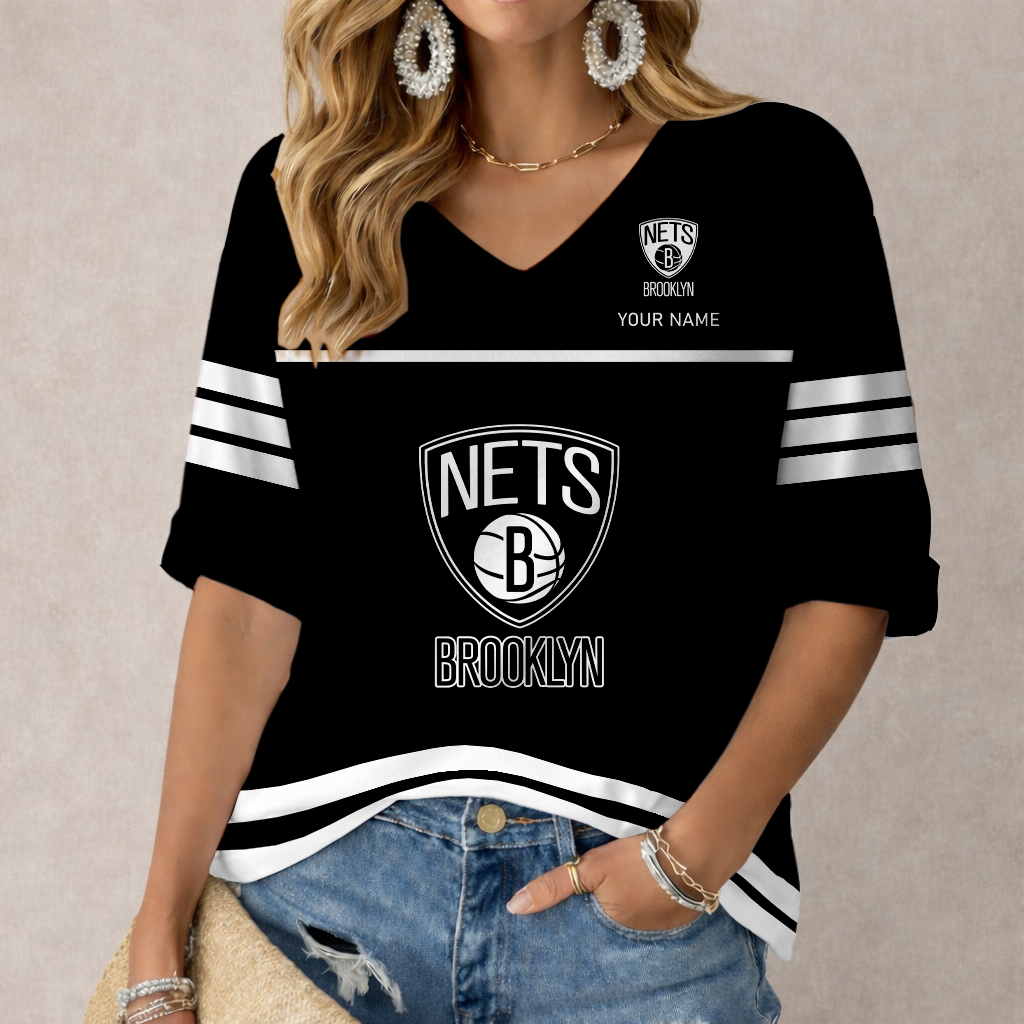 FINAL SALE - NEW CUSTOMIZED NBA25 BNE BROOKLYN NETS WOMEN'S HEART V-NECK LONG SLEEVE SHIRT