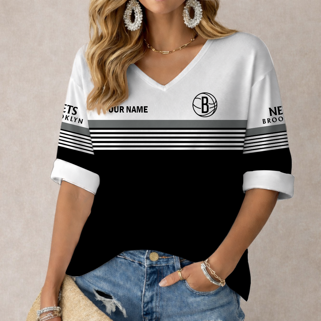 FINAL SALE - NEW CUSTOMIZED NBA25 BNE BROOKLYN NETS WOMEN'S HEART V-NECK LONG SLEEVE SHIRT