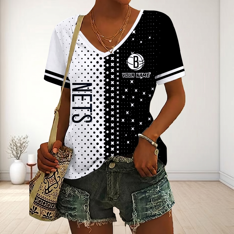 FINAL SALE - NEW CUSTOMIZED NBA25 BNE BROOKLYN NETS V-NECK FEMALE SHIRT