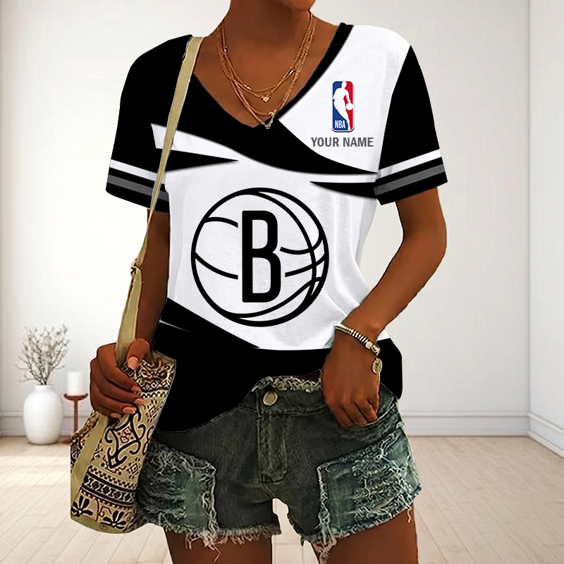 FINAL SALE - NEW CUSTOMIZED NBA25 BNE BROOKLYN NETS V-NECK FEMALE SHIRT