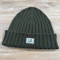CP Company Extra Fine Merino Wool Logo Beanie in Ivy Green Ironleague