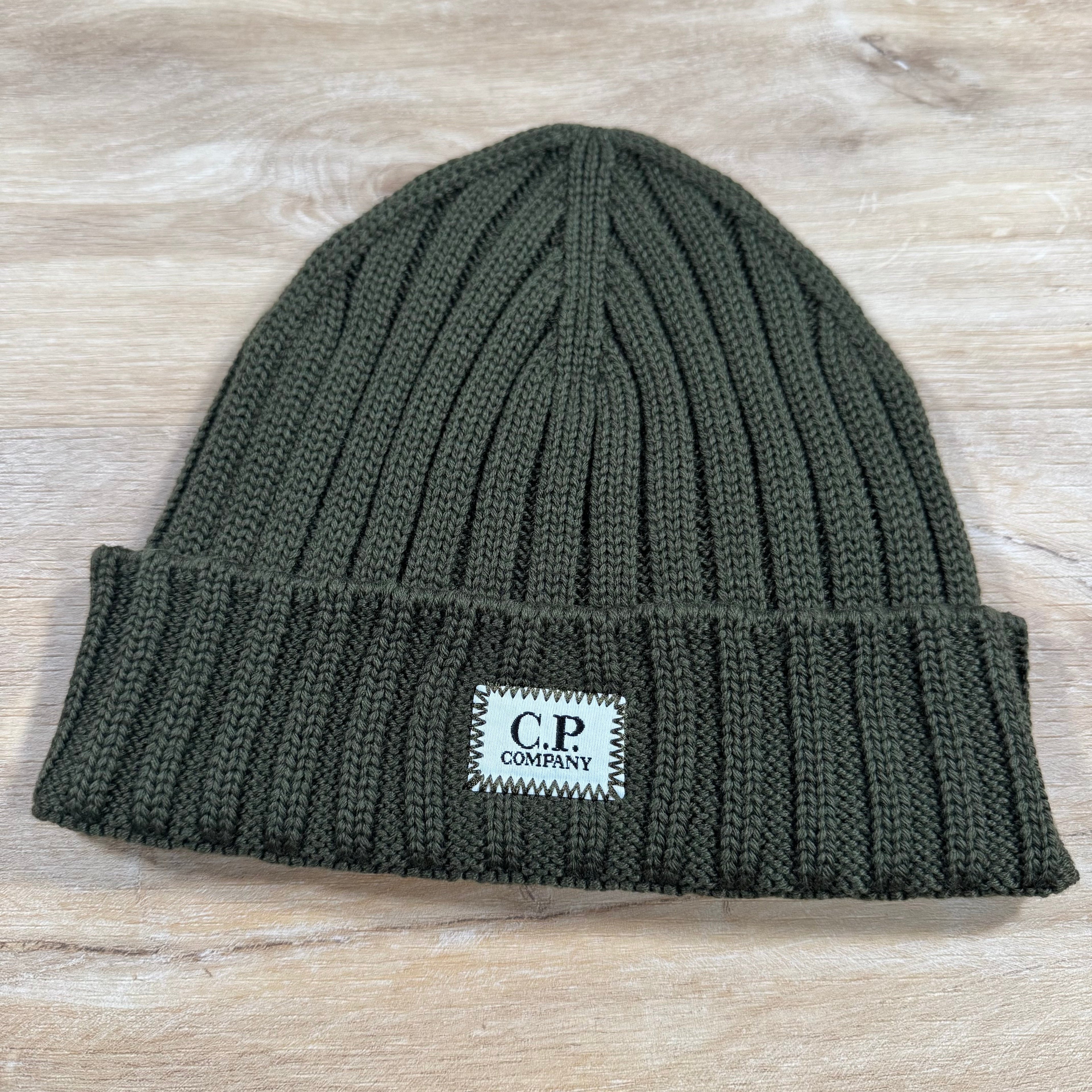 CP Company Extra Fine Merino Wool Logo Beanie in Ivy Green Ironleague