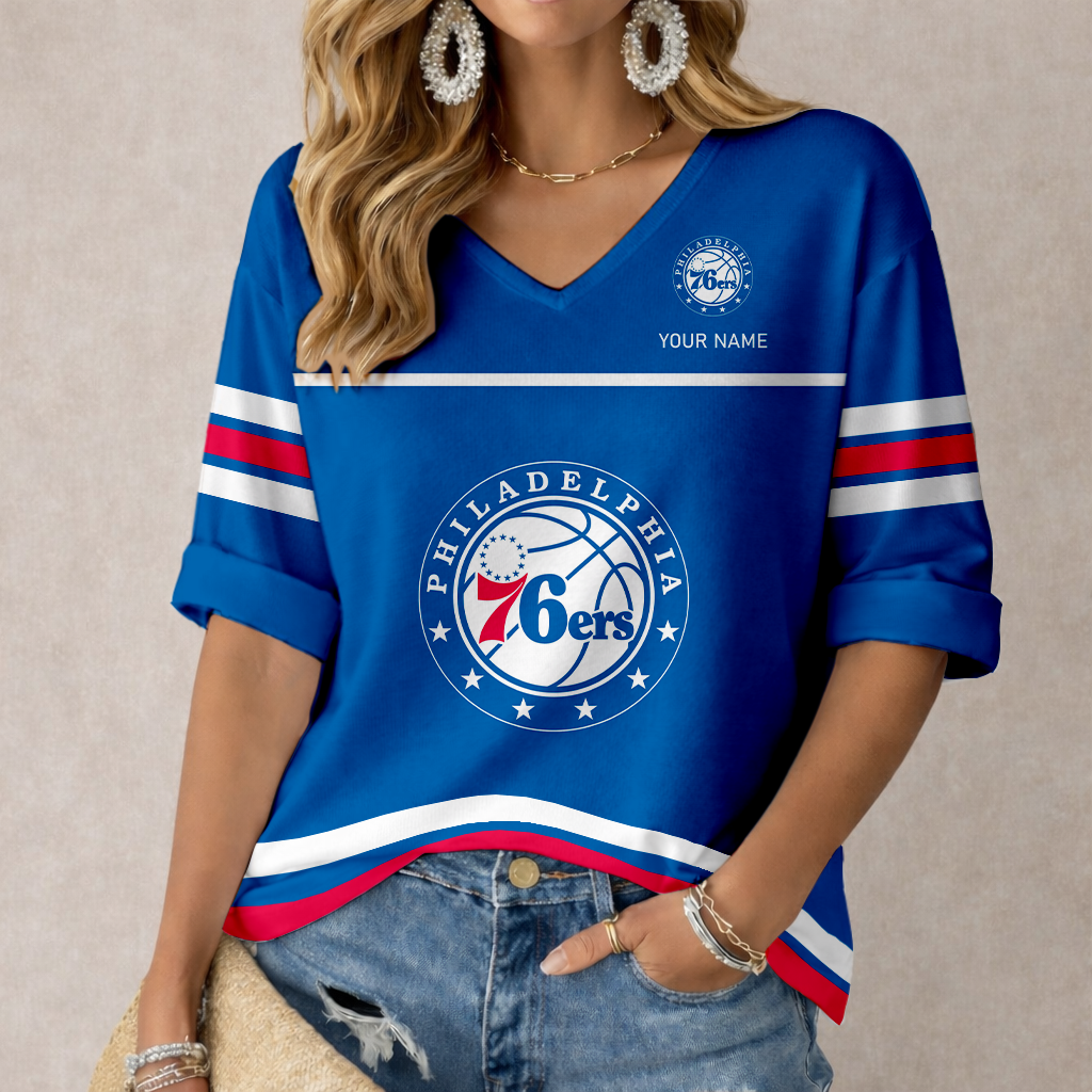 FINAL SALE - NEW CUSTOMIZED NBA26 P76 PHILADELPHIA 76ERS WOMEN'S HEART V-NECK LONG SLEEVE SHIRT