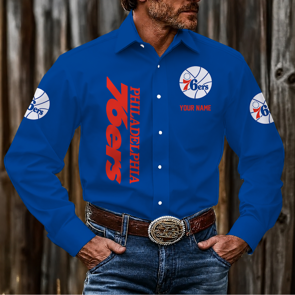 FINAL SALE - NEW CUSTOMIZED NBA26 P76 PHILADELPHIA 76ERS MEN'S LONG SLEEVE BUTTON-UP SHIRT