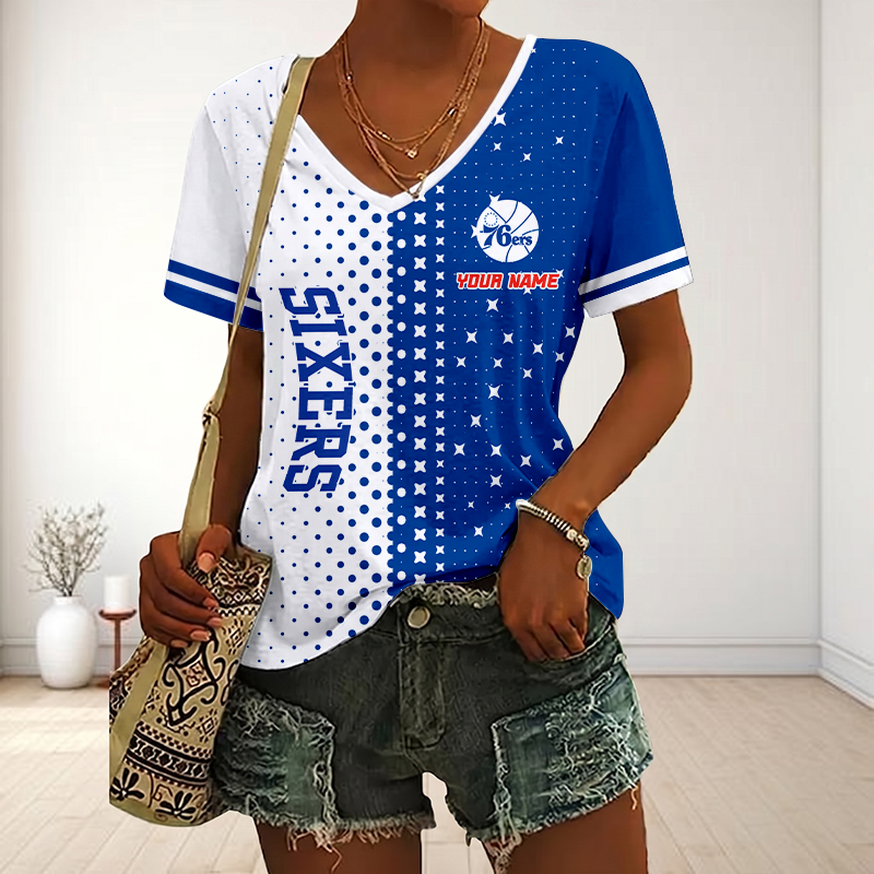FINAL SALE - NEW CUSTOMIZED NBA26 P76 PHILADELPHIA 76ERS V-NECK FEMALE SHIRT