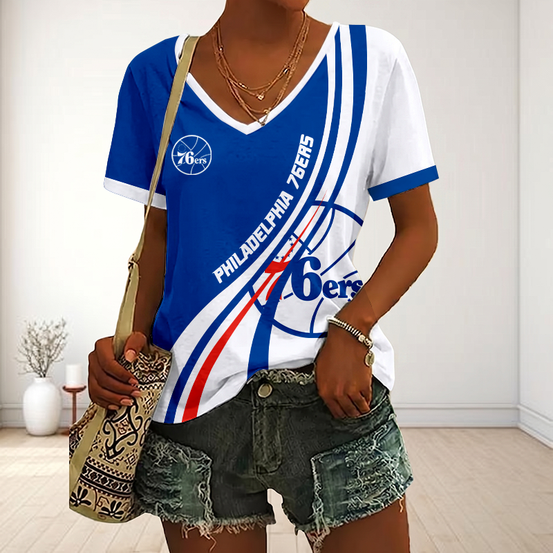FINAL SALE - NEW CUSTOMIZED NBA26 P76 PHILADELPHIA 76ERS V-NECK FEMALE SHIRT