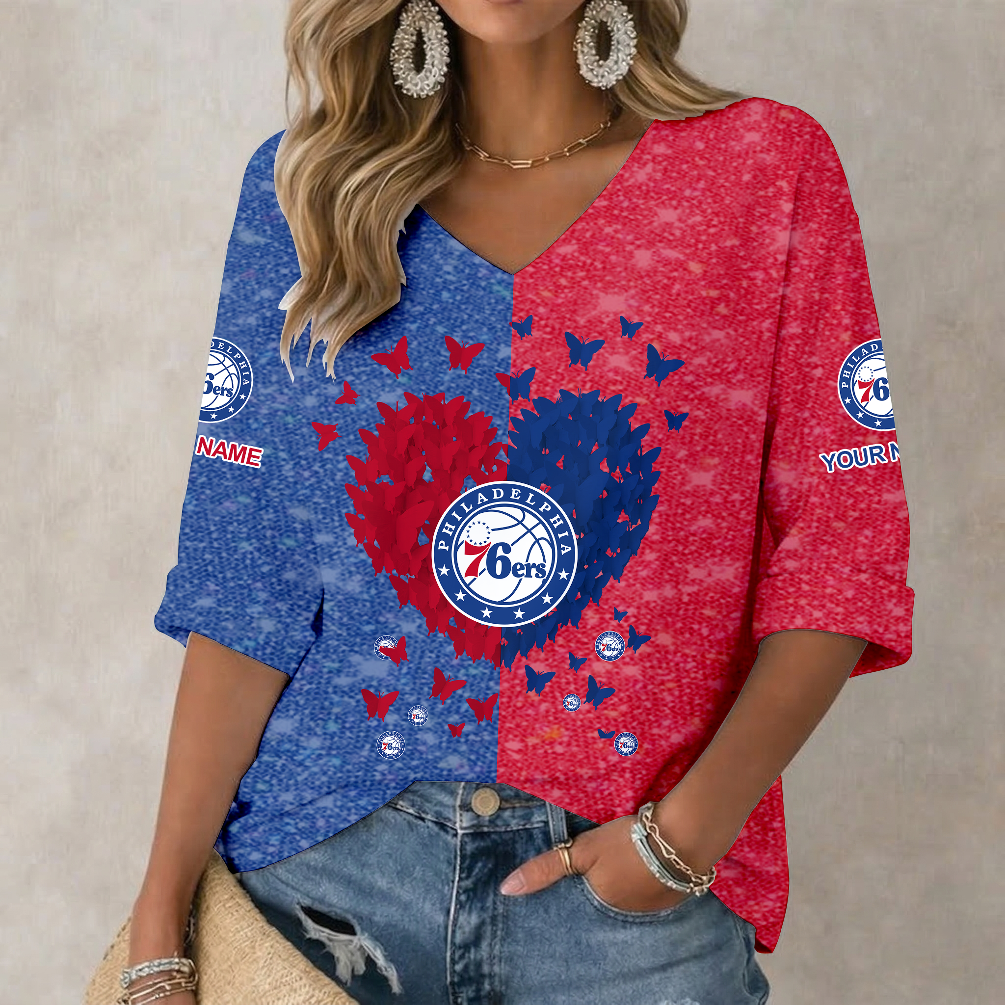 FINAL SALE - NEW CUSTOMIZED NBA26 P76 PHILADELPHIA 76ERS WOMEN'S HEART V-NECK LONG SLEEVE SHIRT