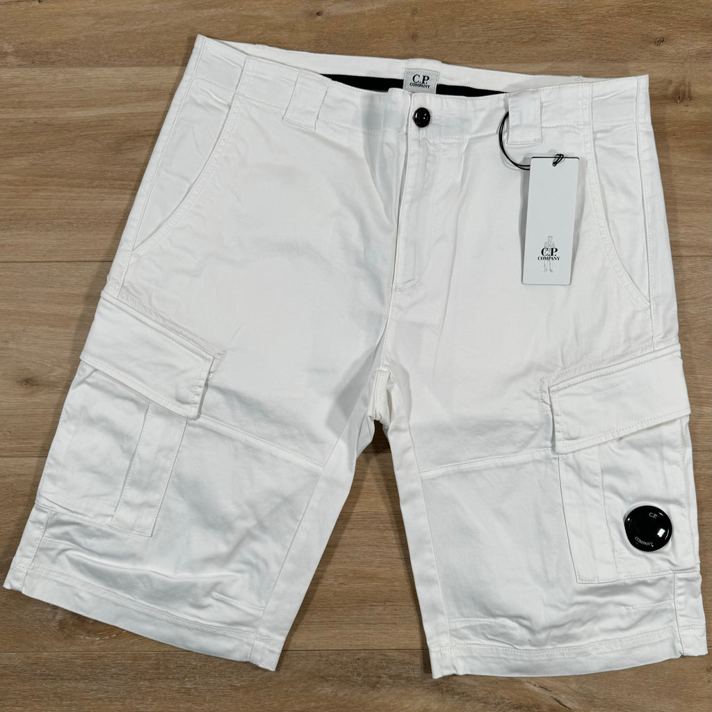 CP Company Stretch Sateen Lens Cargo Shorts in Gauze White Ironleague