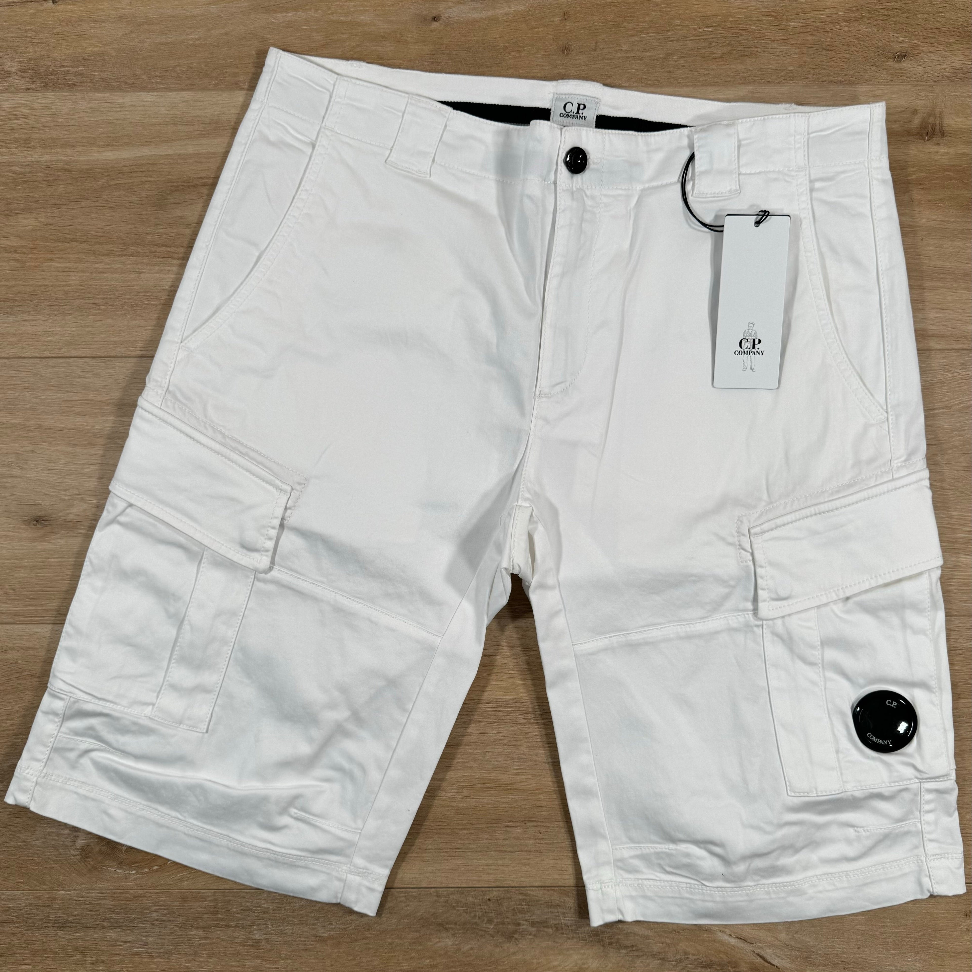 CP Company Stretch Sateen Lens Cargo Shorts in Gauze White Ironleague