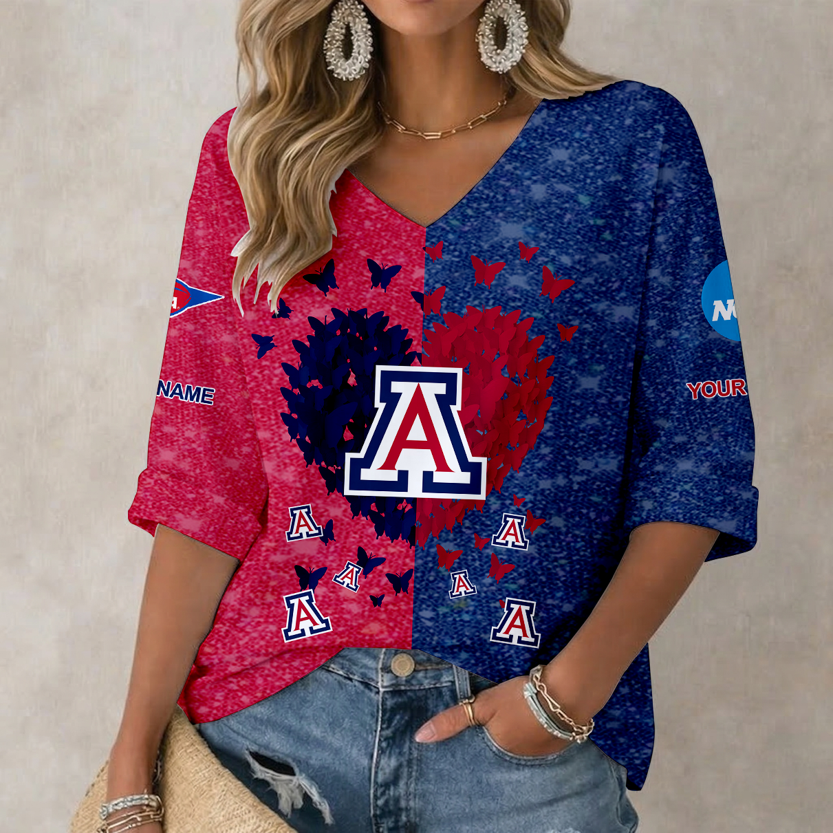 LIMITED DROP NCAA FBS27 ARW AR WILCATS WOMEN'S HEART V-NECK LONG SLEEVE SHIRT