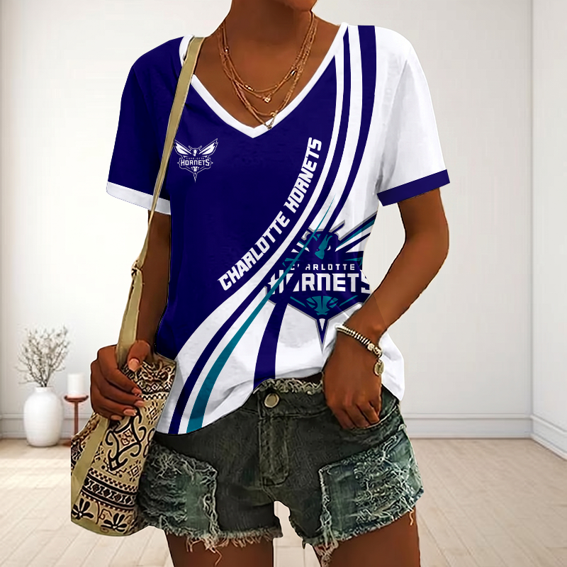 FINAL SALE - NEW CUSTOMIZED NBA27 CHO CHARLOTTE HORNETS V-NECK FEMALE SHIRT