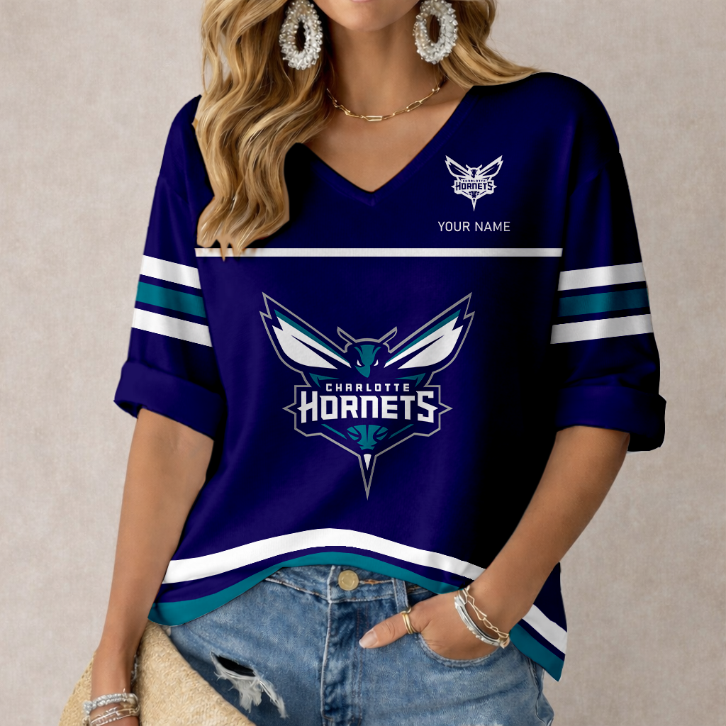 FINAL SALE - NEW CUSTOMIZED NBA27 CHO CHARLOTTE HORNETS WOMEN'S HEART V-NECK LONG SLEEVE SHIRT