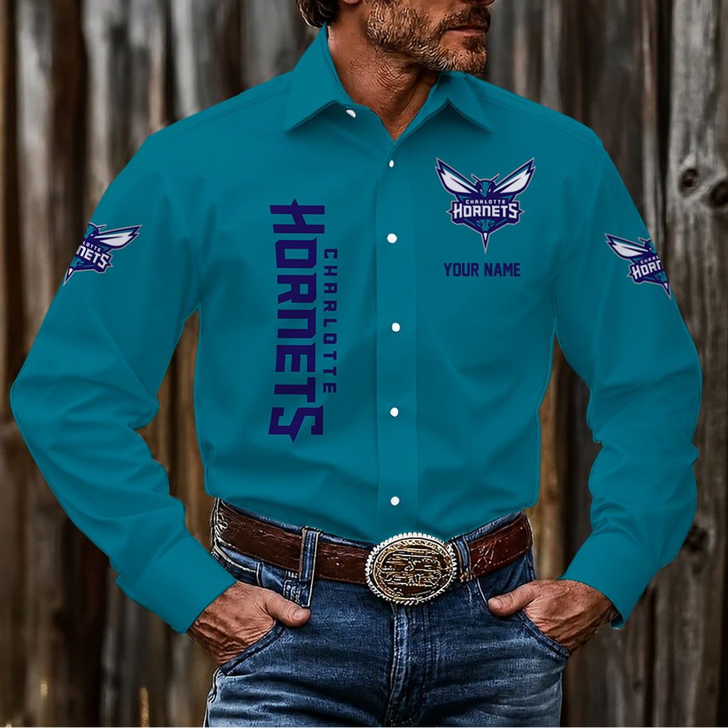 FINAL SALE - NEW CUSTOMIZED NBA27 CHO CHARLOTTE HORNETS MEN'S LONG SLEEVE BUTTON-UP SHIRT