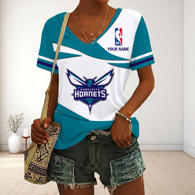FINAL SALE - NEW CUSTOMIZED NBA27 CHO CHARLOTTE HORNETS V-NECK FEMALE SHIRT