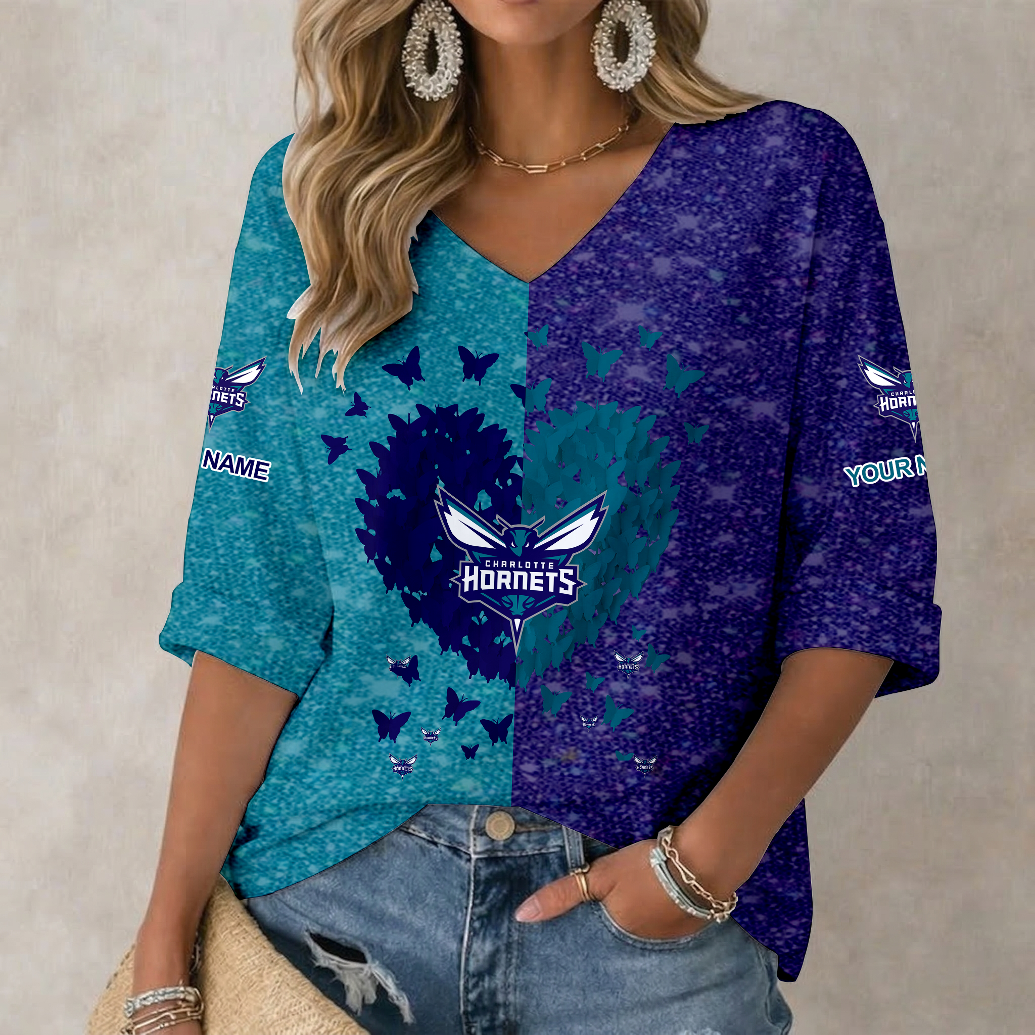 FINAL SALE - NEW CUSTOMIZED NBA27 CHO CHARLOTTE HORNETS WOMEN'S HEART V-NECK LONG SLEEVE SHIRT